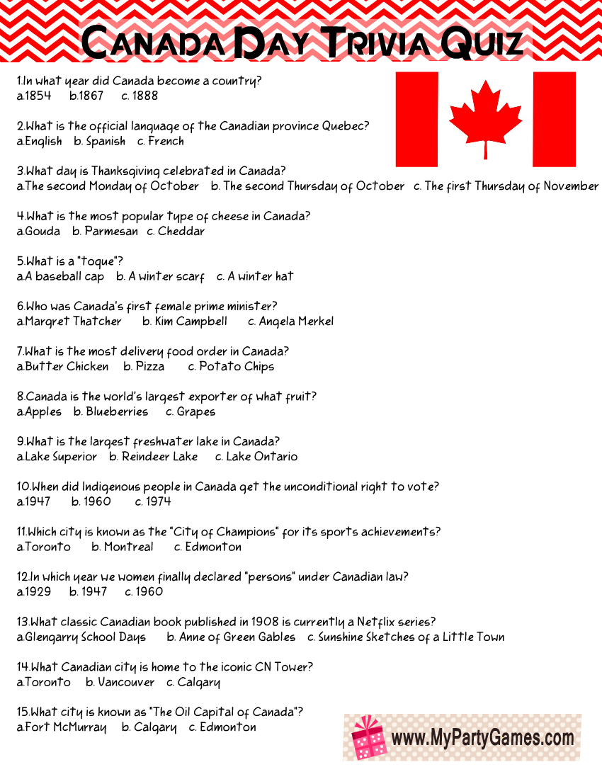 Canada Day Trivia Quiz Free Printable