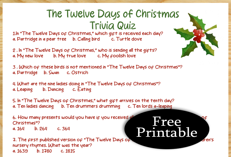 Free Printable The Twelve Days of Christmas Trivia Quiz