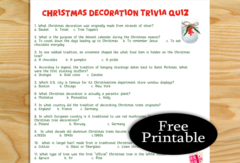 Free Printable Christmas Decoration Trivia Quiz with Key