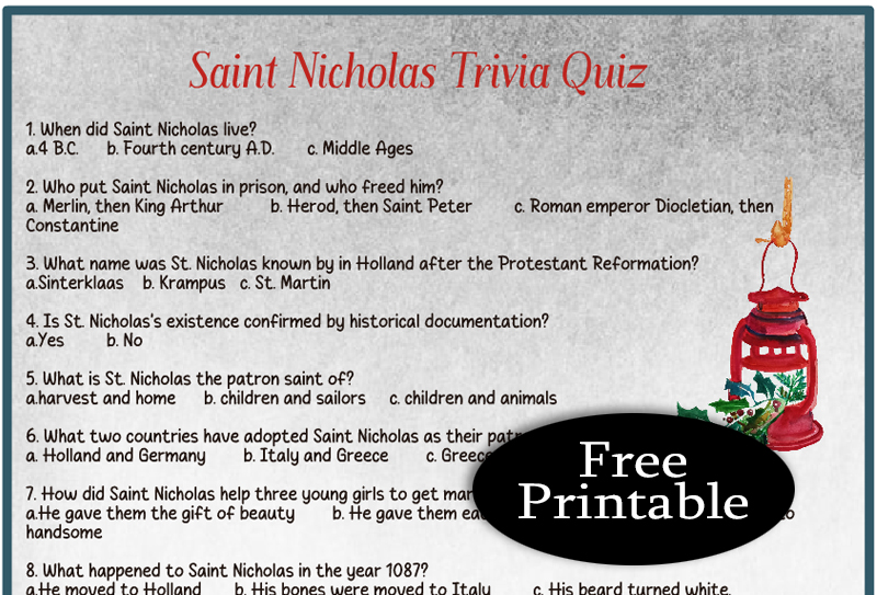 Free Printable Saint Nicholas Trivia Quiz