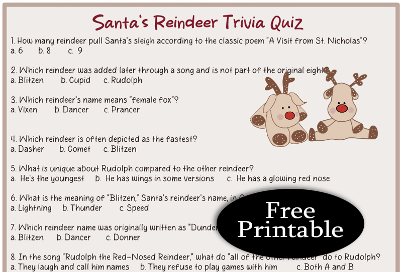Free Printable Santa's Reindeer Trivia Quiz with Answer Key